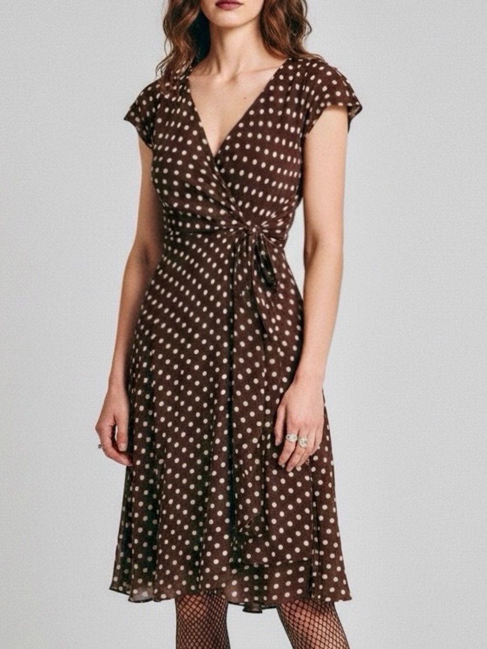 Vintage Laura Ashley Brown & White Polka Dot Chiffon Wrap Dress